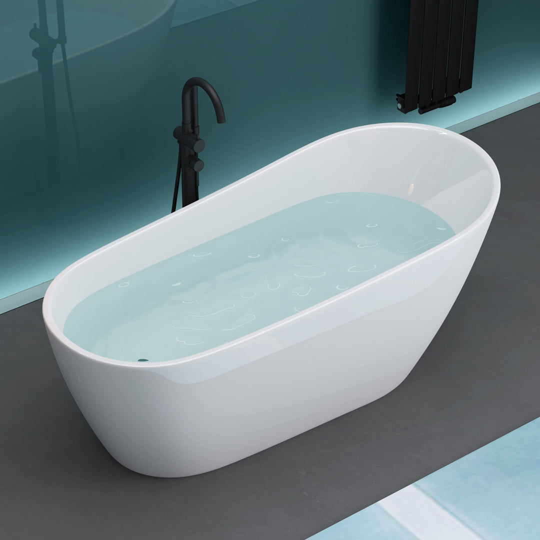 Mai & Mai freistehende Acryl-Badewanne Oval Standbadewanne Weiss inkl. Push-Open Ablaufgarnitur Brei