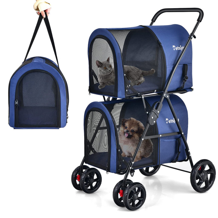 COSTWAY 2 Etagen Hundewagen Haustiere Buggy bis 16kg, Hundebuggy mit Netzfenstern &amp; Getränkehalter &amp;