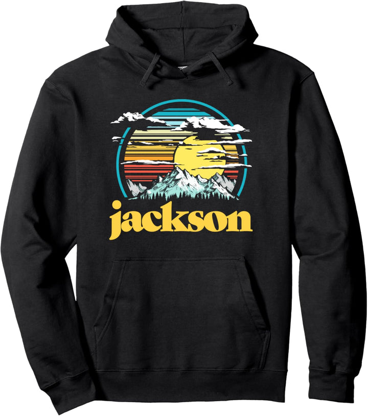 Retro Jackson Wyoming Vintage 80s Style Mountains & Sun Pullover Hoodie