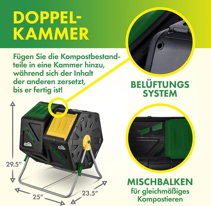 DF OMER Zweikammer-Trommelkomposter – Kleiner Komposter mit Easy-Turn-System, 2 Schiebetüren, Stabil