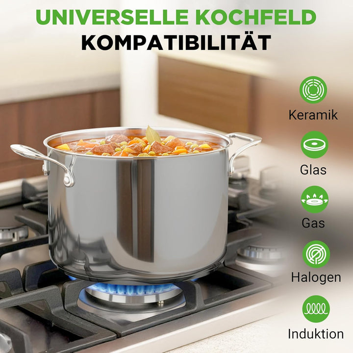 NutriChef Kochtopf gross, 8L Suppentopf Induktion aus Edelstahl mit Glasdeckel, 18/8 Grossraumtopf H