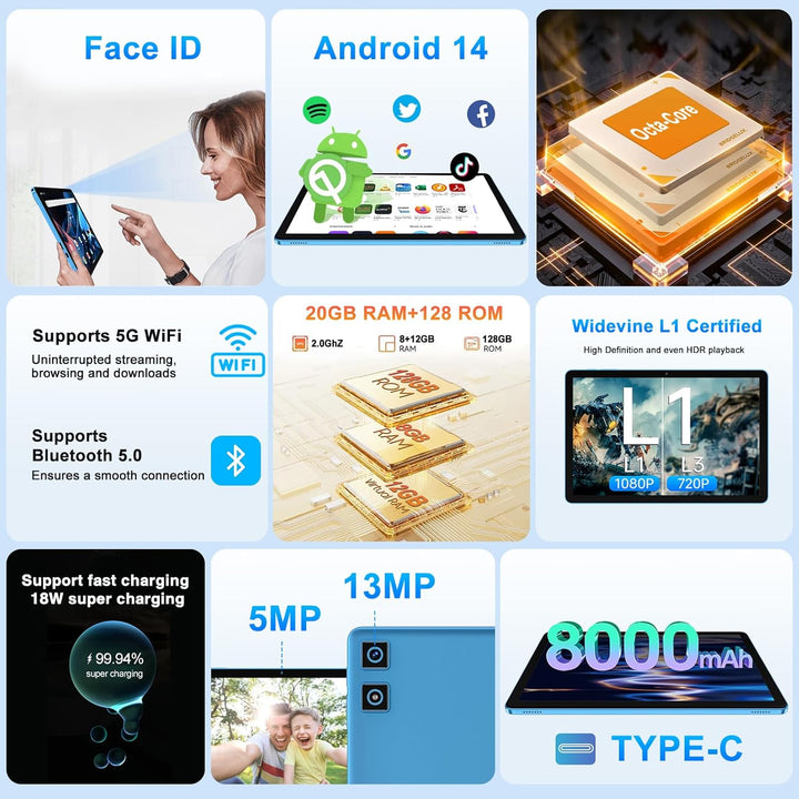 DMOAO Tablet 11 Zoll mit Widevine L1, 8000 mAh + 18W Schnellladung, 13 MP + 5 MP, Android 14 Tablets