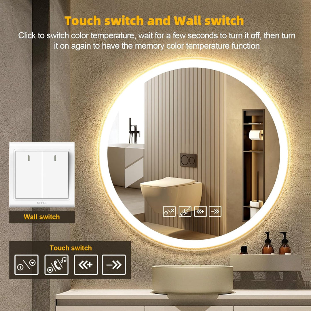 600mm Rund Badspiegel mit Beleuchtung und Musik Bluetooth 3 Lichtfarbe Dimmbar | Badezimmerspiegel A