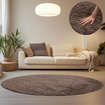 HomebyHome Teppich Wohnzimmer Shaggy Hochflor Taupe 120 cm Rund Einfarbig Design - Flauschiger Teppi