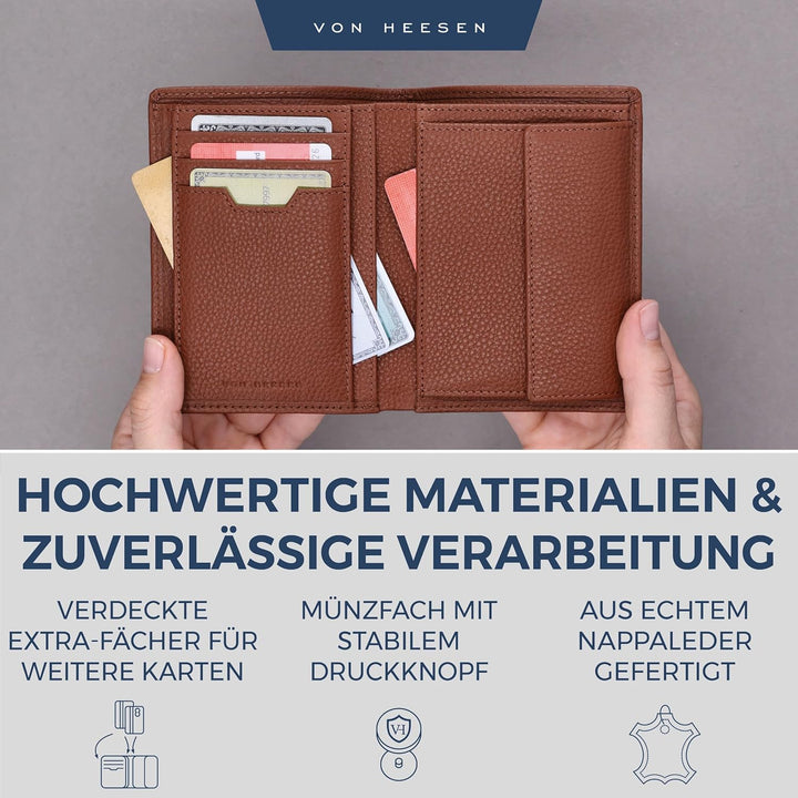 VON HEESEN Leder Geldbörse RFID Schutz I Echtleder Geldbeutel für Damen & Herren I Portemonnaie Brie
