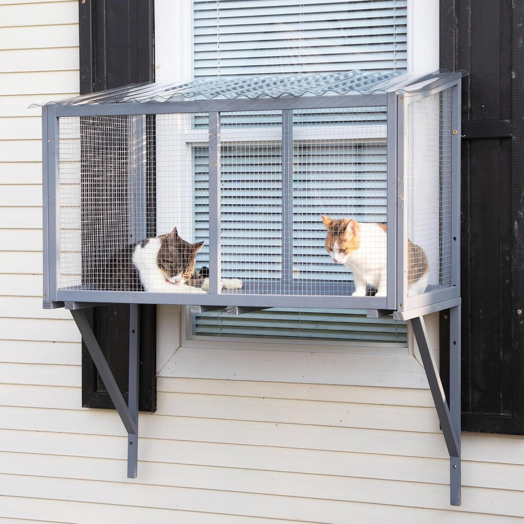 Outdoor Katzenfenster Catio aus Holz – Wetterfester Katzen-Fensterkasten mit verzinktem Drahtgitter