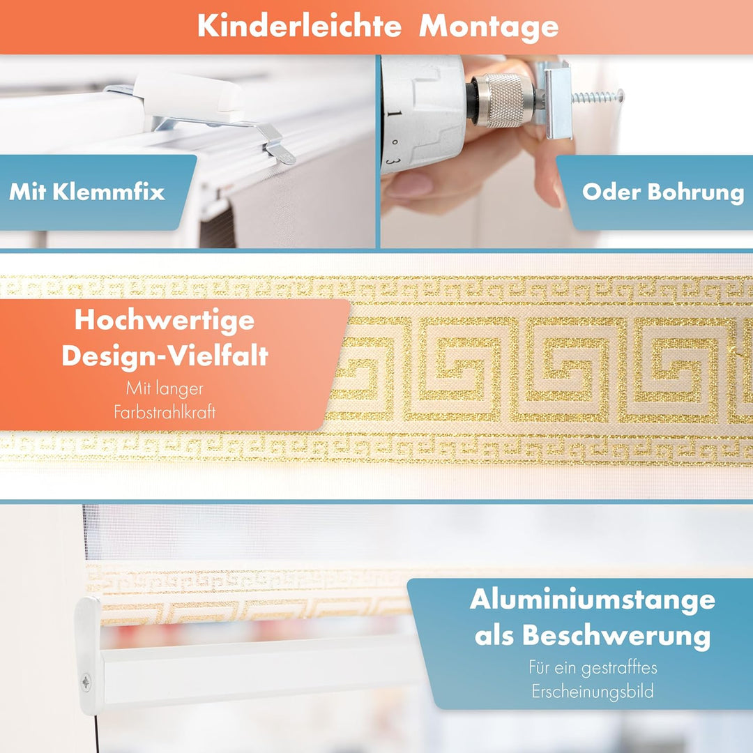 Doppelrollo mit Muster Mäander Deko Griechischer Schlüssel Ornament Motiv Klemm Duo Rollos für Fenst