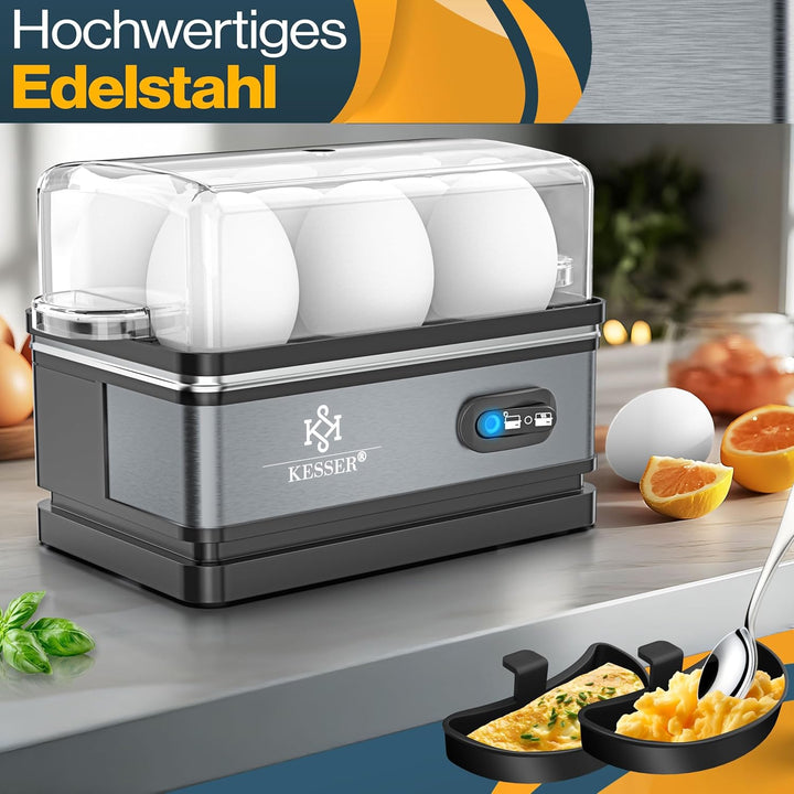 KESSER® Eierkocher für 1 bis 6 Eier elektrisch aus Edelstahl 400W & Warmhaltefunktion | Kipp-Funktio