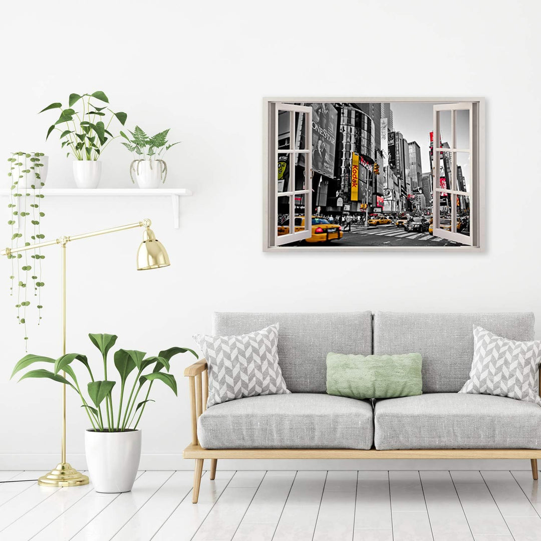 Feeby Wandbild Times Square Druckbild Leinwandbild Fenster-Illusion Grau 90x60 cm Leinwandbild 90x60
