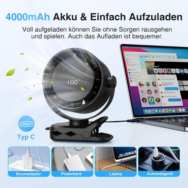 USB-C Wiederaufladbar Ventilator Leise - 3 in 1 Tischventilator mit LED-Display, 720° Gedreht Werden
