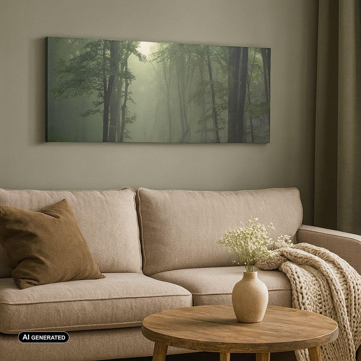 Panorama Bilder auf Leinwand 100x40cm Leinwandbild mit Rahmen Wald Nebel Baum Gross Wanddeko Bild Sc