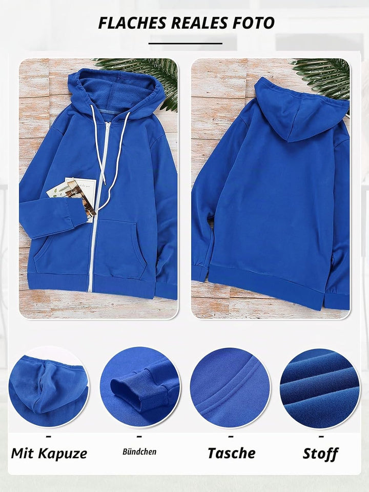 Uusollecy Damen Sweatjacke Hoodie Sweatshirtjacke Pullover Oberteile Kapuzenpullover Einfarbig Full