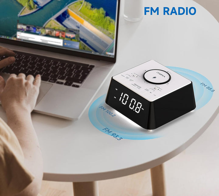 iTOMA Radiowecker mit USB-Ladegerät, Bluetooth-Lautsprecher, Nachttisch FM Radio, Dual Alarm mit Sno