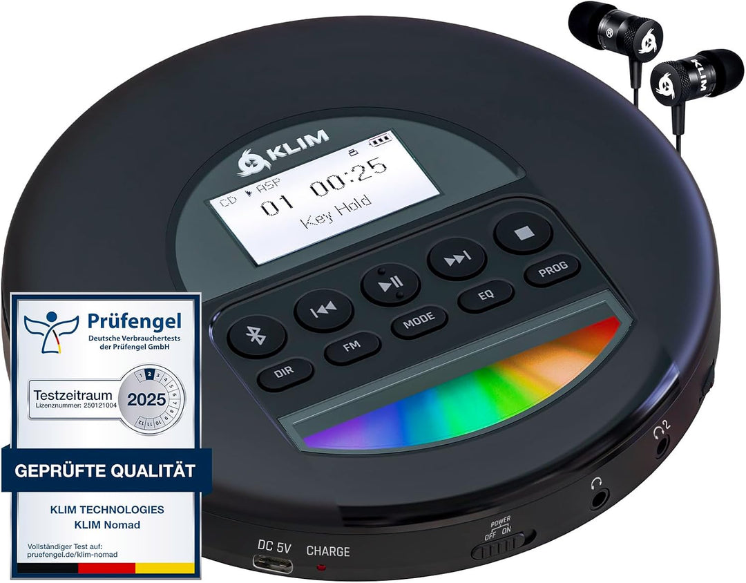KLIM Nomad - NEU 2023 - Tragbarer CD-Player Discman mit langlebigem Akku - Inklusive KLIM Fusion Kop