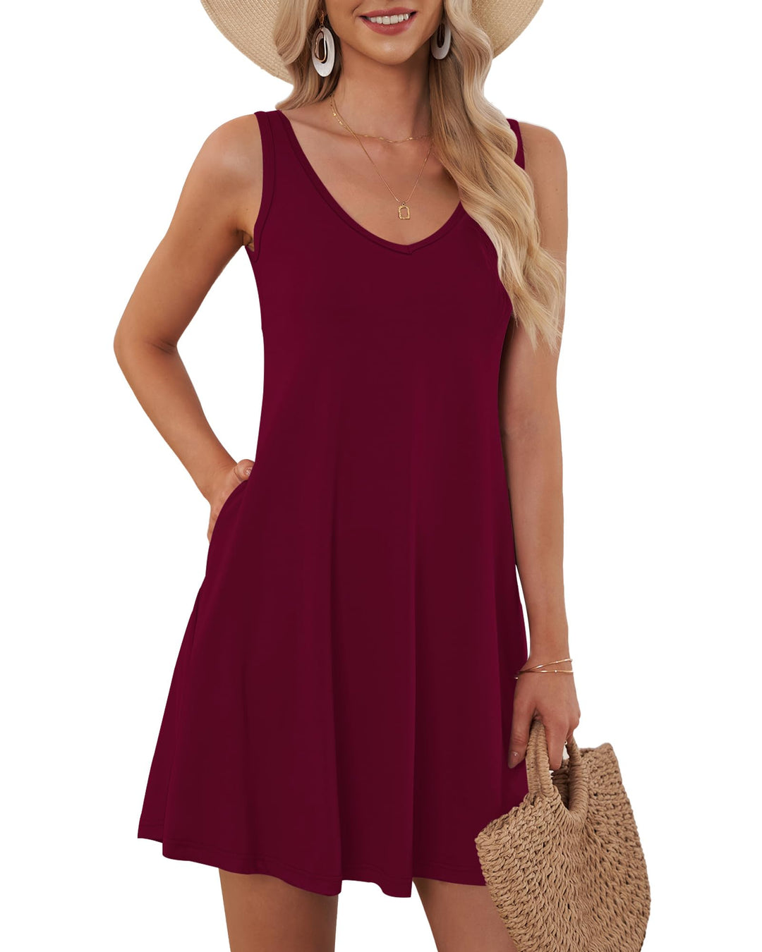 AUSELILY Sommerkleid Damen Ärmellose Strandkleid Leicht Swing Kleid V Ausschnitt Mini Kleid Weinrot