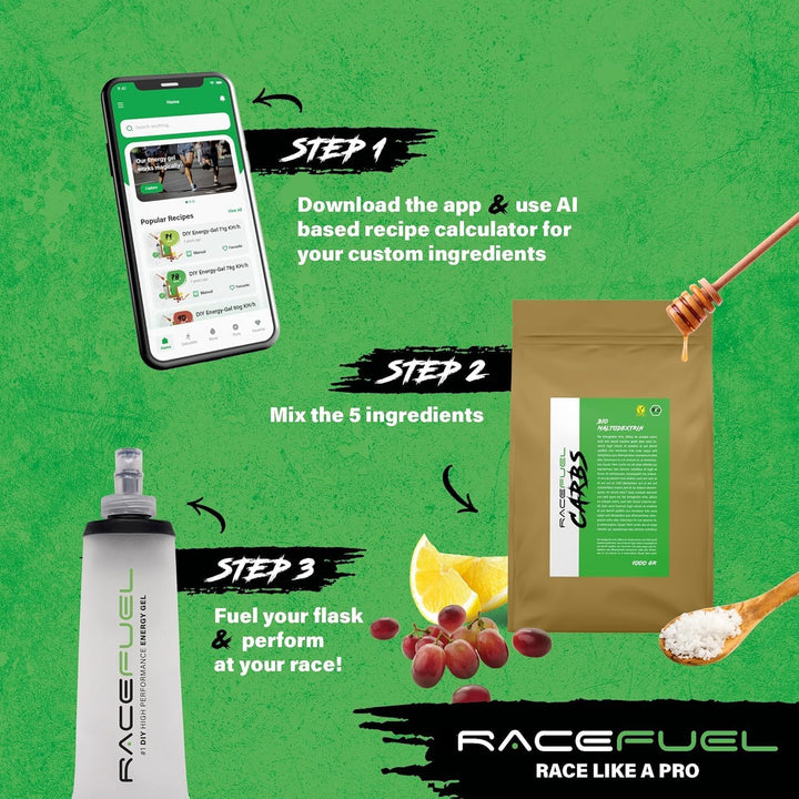 RACEFUEL Soft Flask 150ml – Faltbare Trinkflasche inkl. Energy Gel Rezept (QR-Code) – BPA-frei &amp; lei