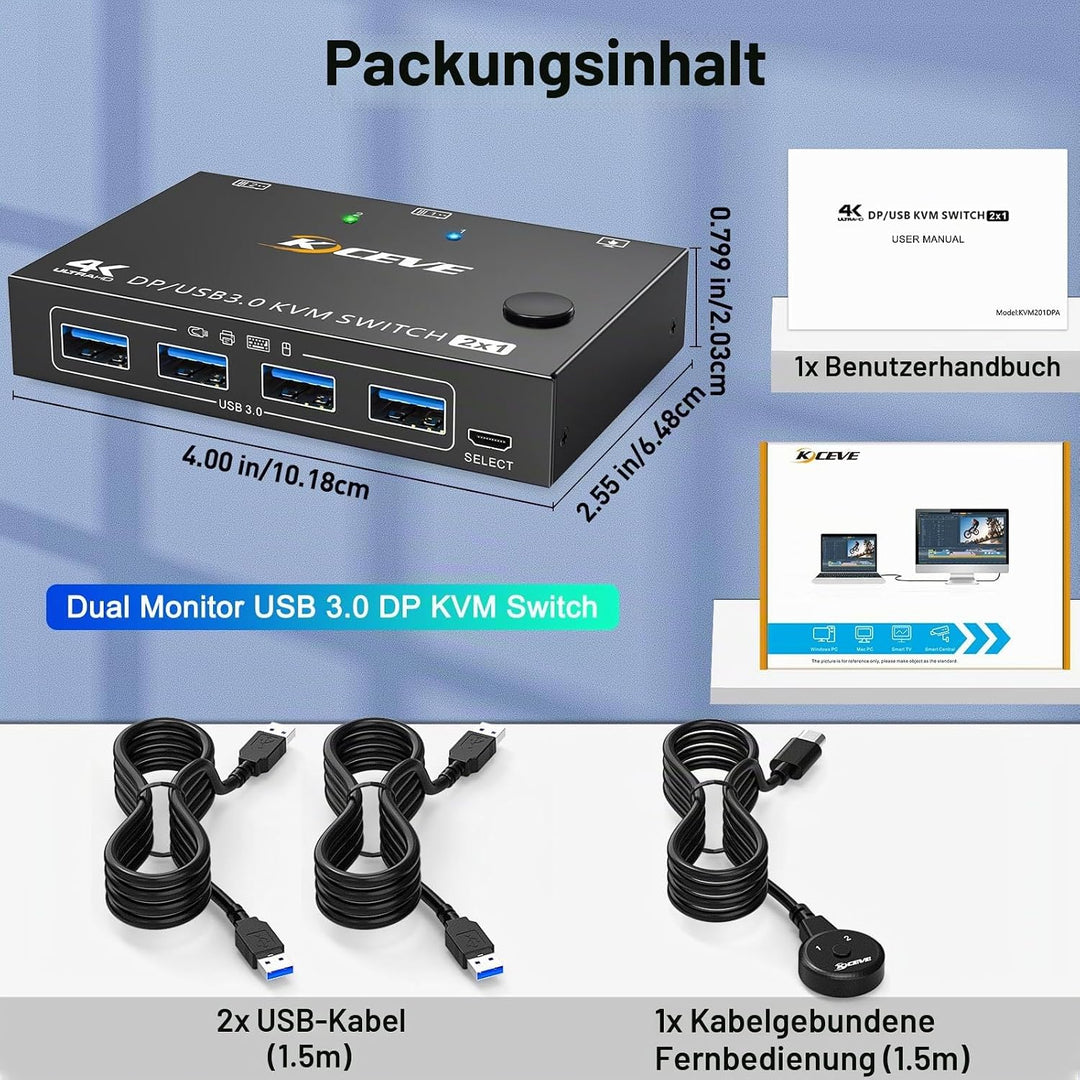 8K USB 3.0 KVM Switch Displayport 2 Ports 8K@30Hz 4K@120Hz,KVM Switch 2 PC 1 Monitore Support DP1.4
