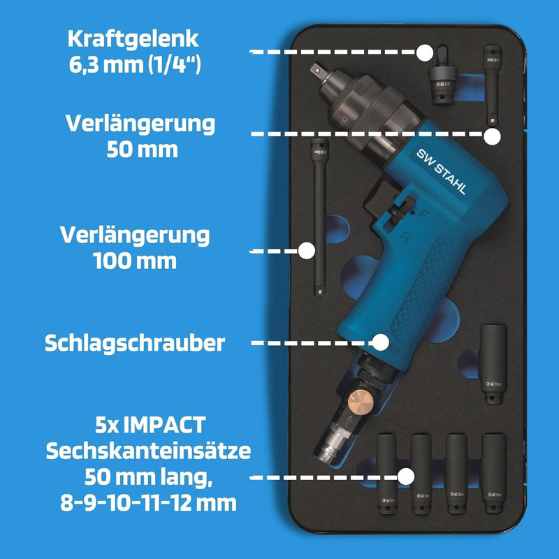 SW-Stahl S3224 Druckluft-Schlagschrauber Set I 1/4 Zoll I 9-teilig I Speziell für Glühkerzen I Druck