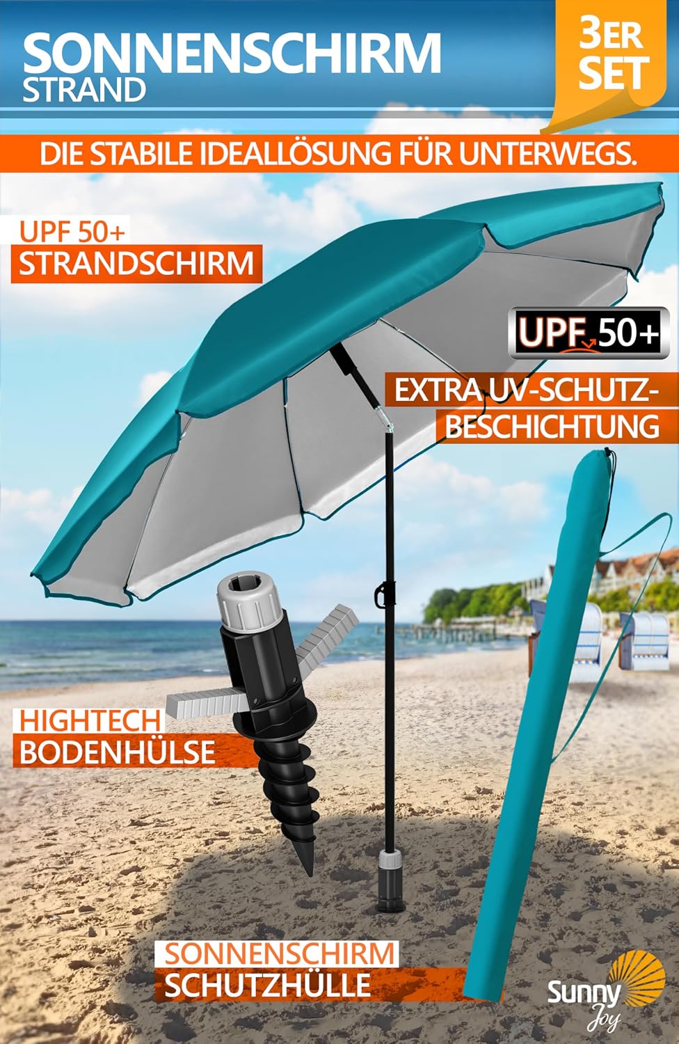 4smile Sonnenschirm Strand Ø 200 cm, 3-in-1 SET mit Bodenhülse, Türkis | UPF 50+ Strandschirm + Sonn