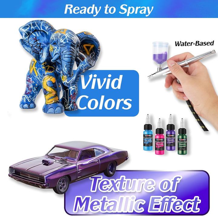 FansArriche Airbrush Farbe, 44 Farben+6 Verdünner, Acryl-Luftpinsel-Set, blickdichte und neon Farben