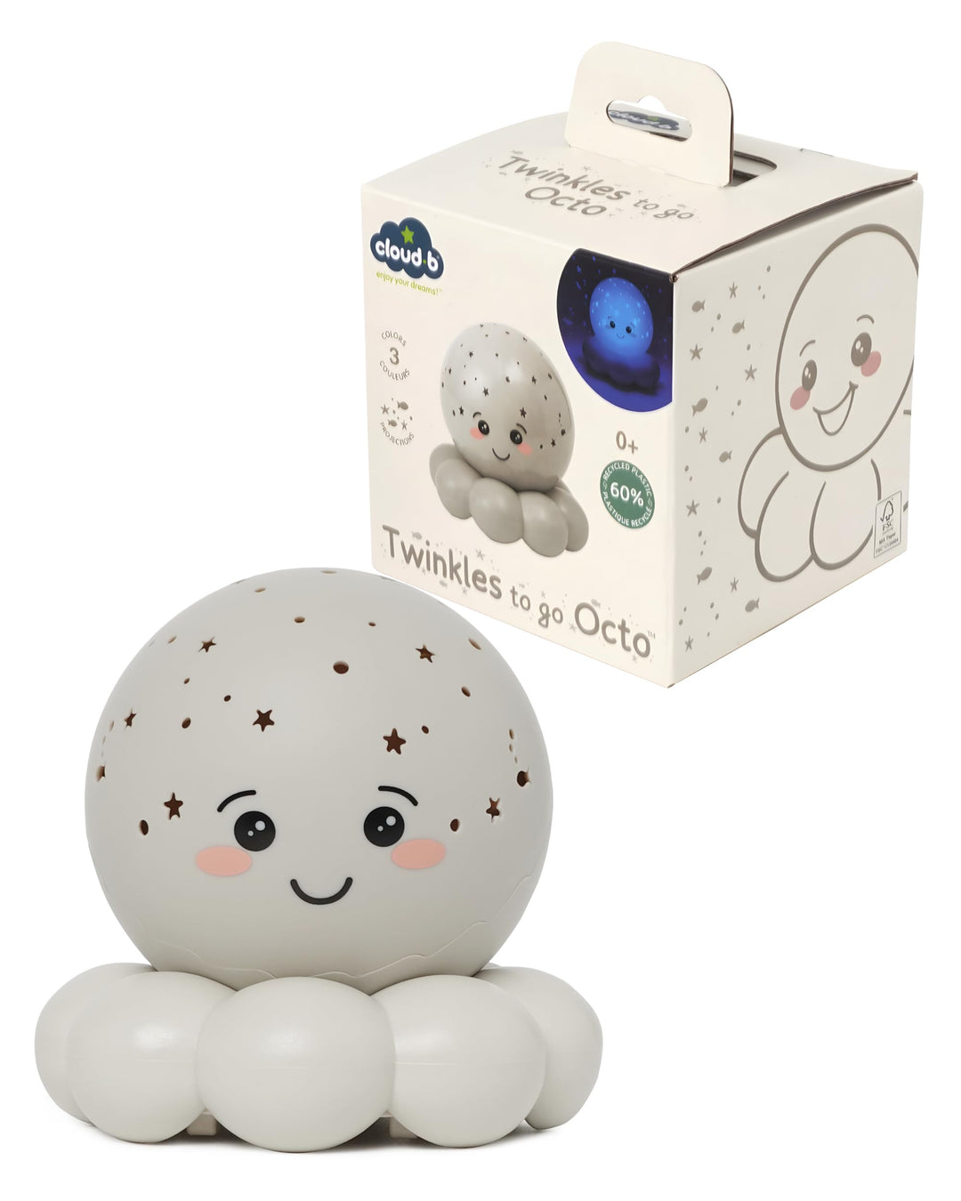 Cloud b Twinkles To Go Octo Pastell Grau | Tragbarer Stern- & Fisch-Nachtlichtprojektor für Kinder |