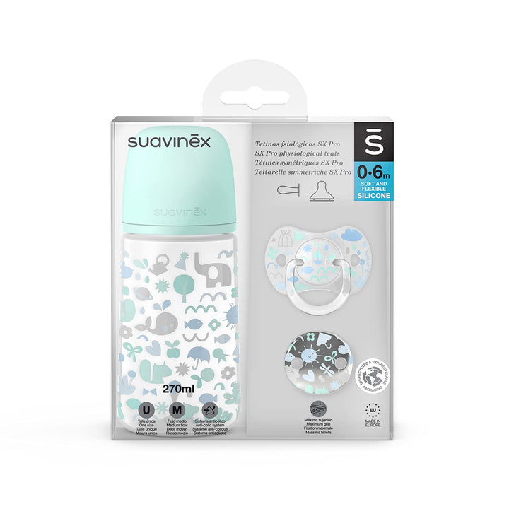 Suavinex, Pack für Neugeborene Sx Pro 0-6 Monate. Enthält: Anti-Kolik-Babyflasche 270 ml mittlerer N