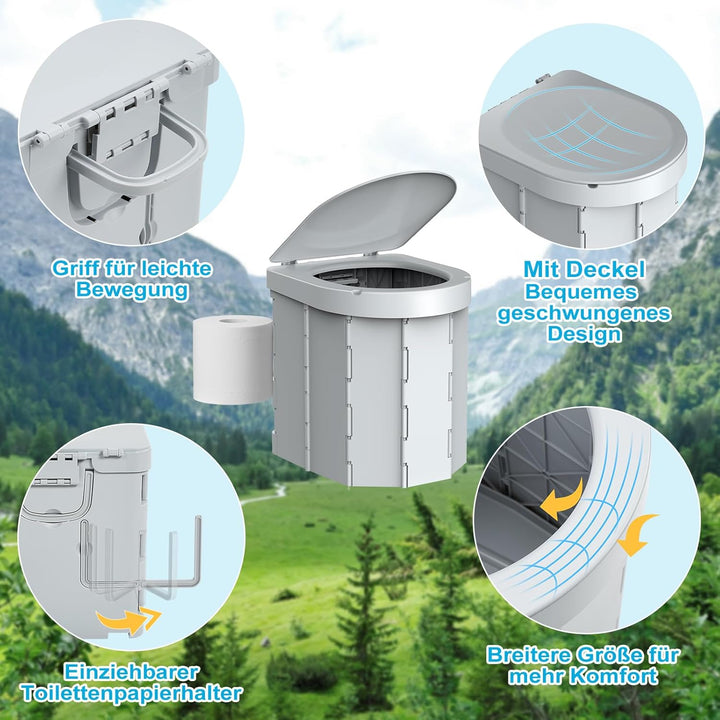 WADEO Tragbare Campingtoilette mit Deckel, 30 cm hohe Mobile Toilette mit 12 Stück Toilettenbeutel,