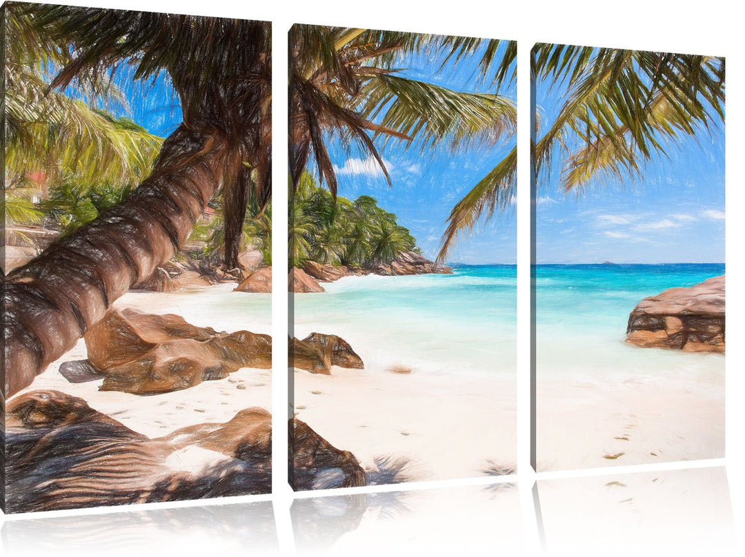Pixxprint Palmenstrand Seychellen als Leinwandbild/Grösse: 3 Teilig (120x80 cm) cm/Wandbild/Kunstdru