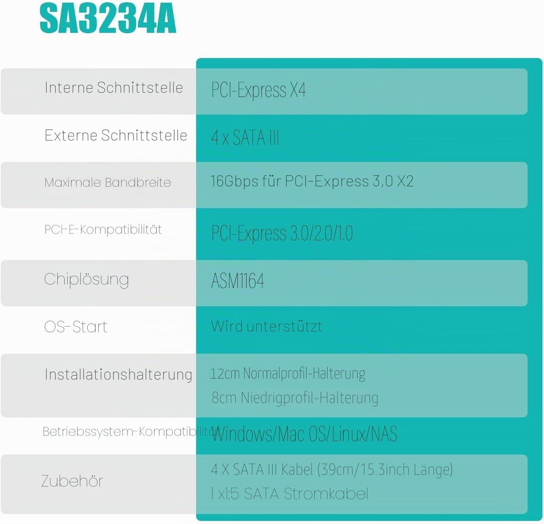 GLOTRENDS SA3234-C 4-Port PCIe X4 SATA Erweiterungskarte mit SATA- und Stromkabeln, kompatibel mit W