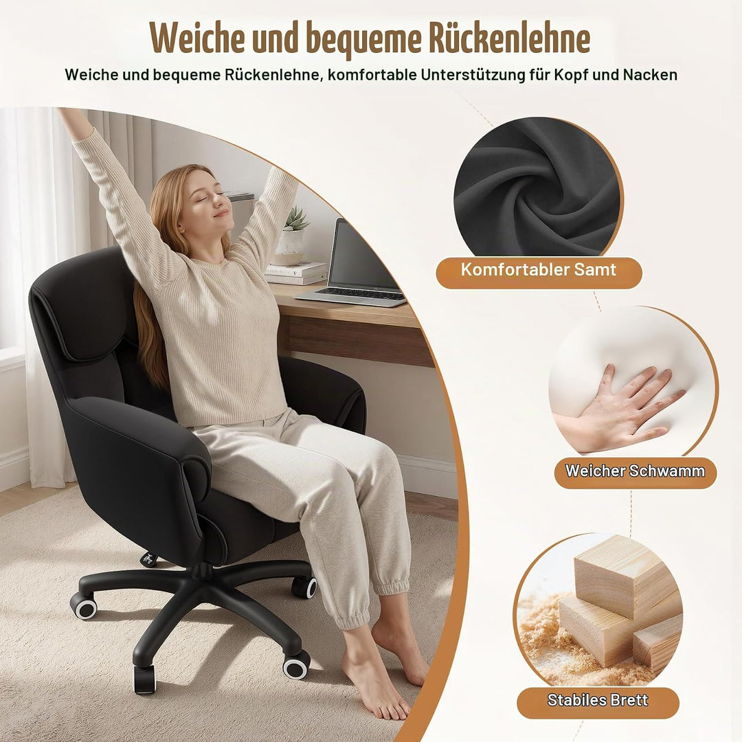 Ergonomischer Bürostuhl, Höhenverstellbarer Schreibtischstuhl mit Armlehnen, 360° Drehfunktion, Samt