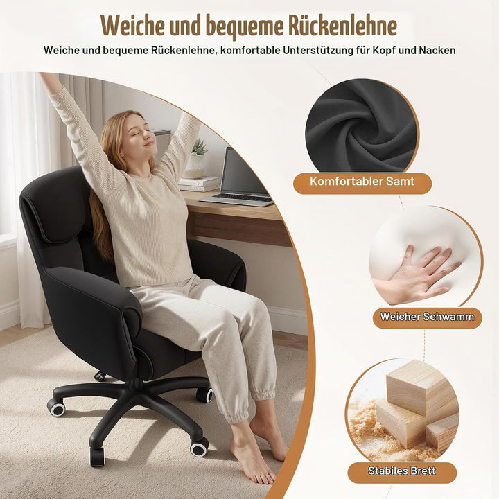 Ergonomischer Bürostuhl, Höhenverstellbarer Schreibtischstuhl mit Armlehnen, 360° Drehfunktion, Samt
