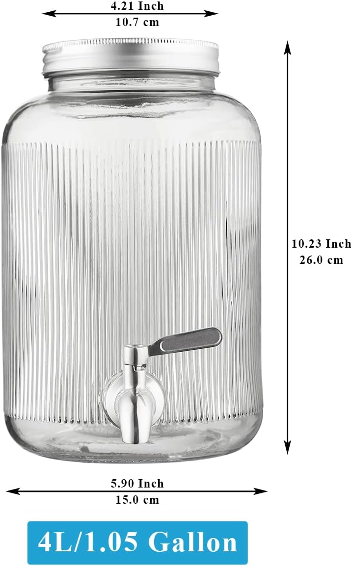 Bergländer Getränkespender aus Glas, Kühlschrank, 4L Getränkespender mit wasserdichtem Edelstahlhahn