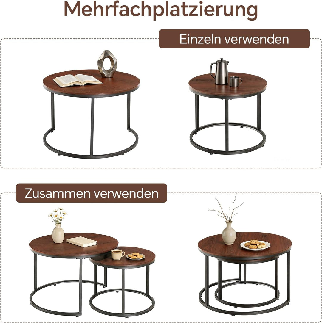 Couchtisch 2er Set, Moderne Couch Tisch mit Schwarz Metallgestell, Couchtisch Eiche, Couchtische Run