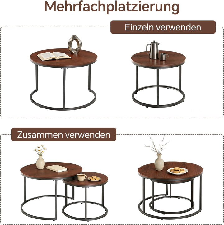 Couchtisch 2er Set, Moderne Couch Tisch mit Schwarz Metallgestell, Couchtisch Eiche, Couchtische Run