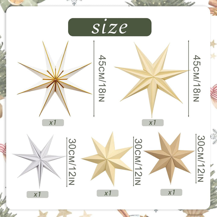 SUNBEAUTY 5 Stück Papiersterne zum Aufhängen Weiss,Braun Papiersterne Weihnachten 7 Zacken Faltstern