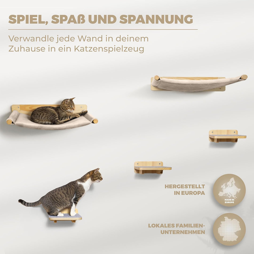 WOOWOOD® Kletterwand Katzen inkl. 2X Katzentreppe Wand [Massivholz] I Kratzbaum Wand I Hängematte Ka
