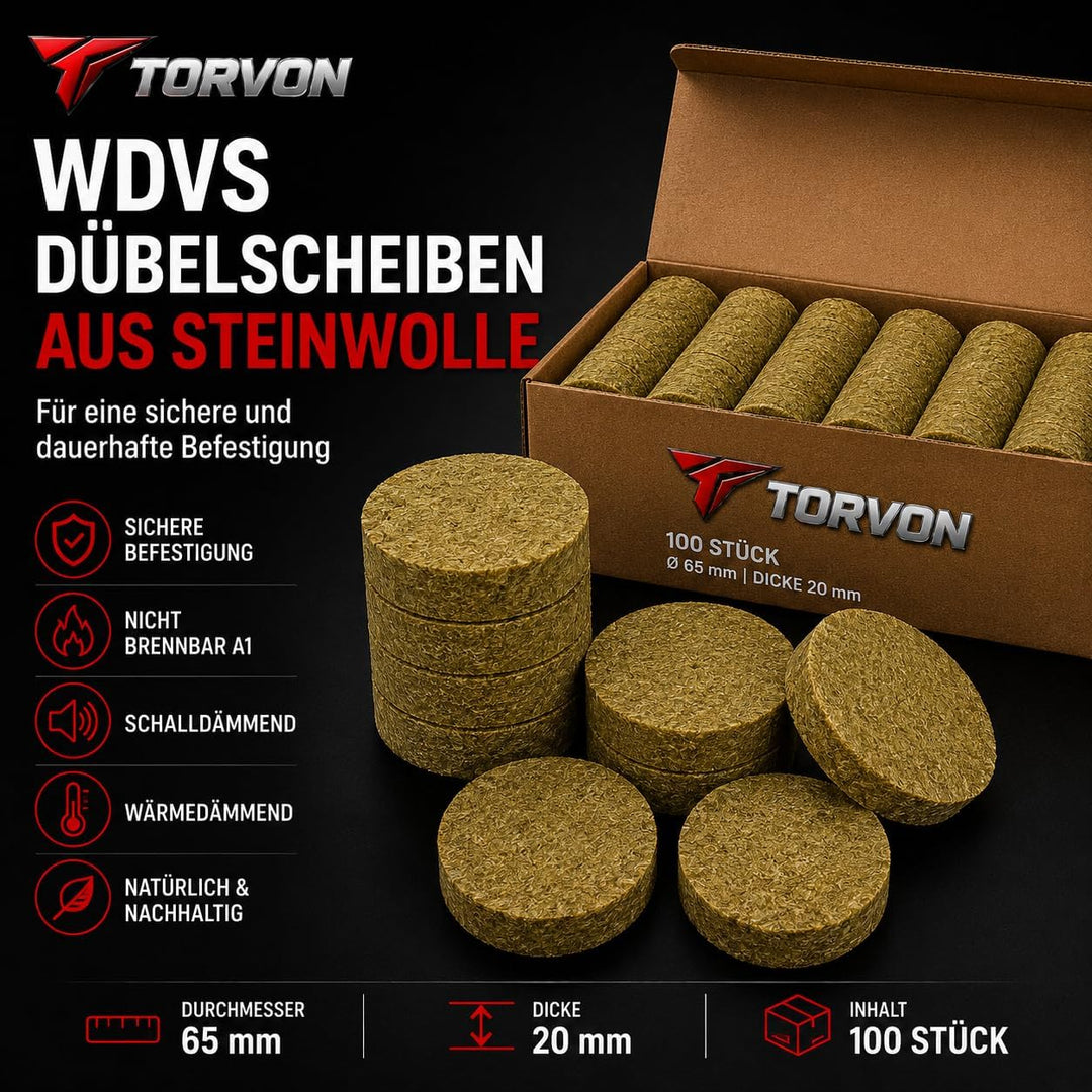 1000 Stück Steinwolle Rondellen Ø 65 x 20 mm mit Edelstahl Fräser – WDVS Dämmstoffscheiben für ETICS