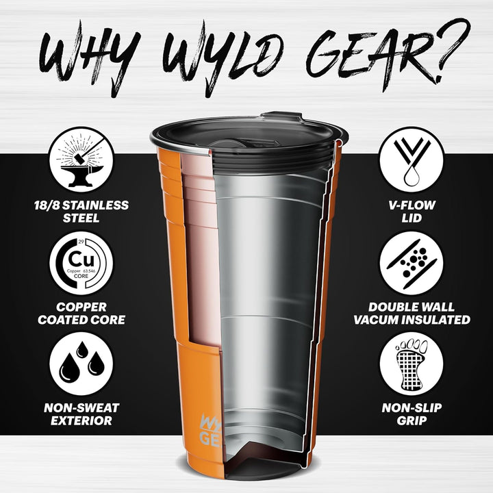 Wyld Gear WYLD Becher aus Edelstahl, vakuumisoliert, Partybecher mit Deckel, 680 ml, Burnt Orange Bu