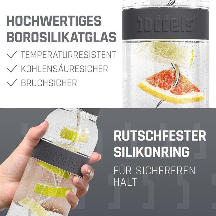 boddels Glaskaraffe mit Deckel und Sieb 1.100ml, rutschfester Griff, Glaskaraffe mit Fruchteinsatz,