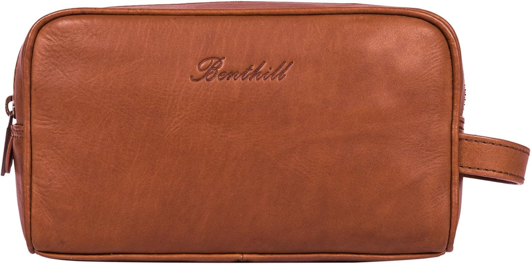 Benthill Kulturtasche Leder - Kosmetiktasche aus weichem hochwertigem Echtleder - Vintage Travel Beu