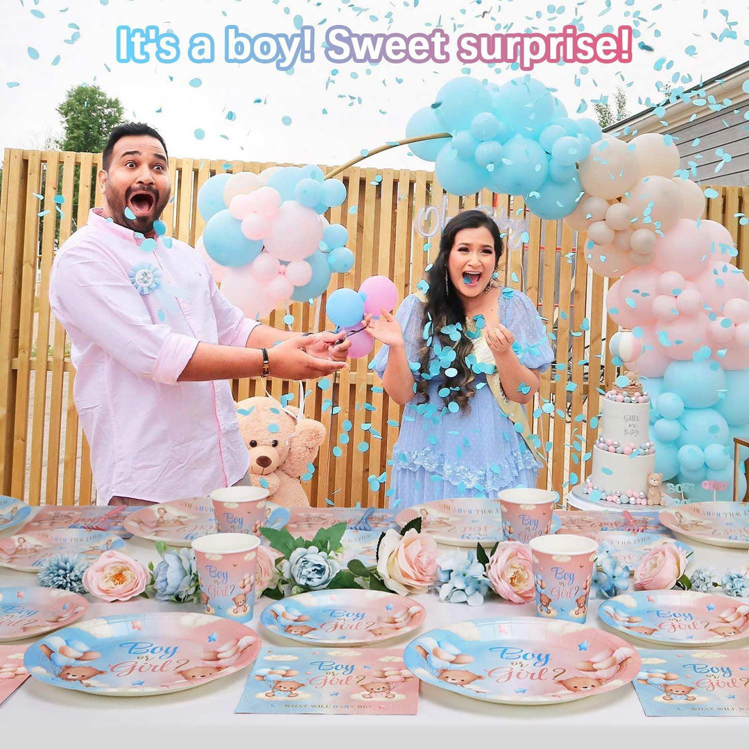 Gender Reveal Party Deko Partygechirr Set für 24 Gäste, 96pcs Babyshower Wiederverwendbare Papptelle