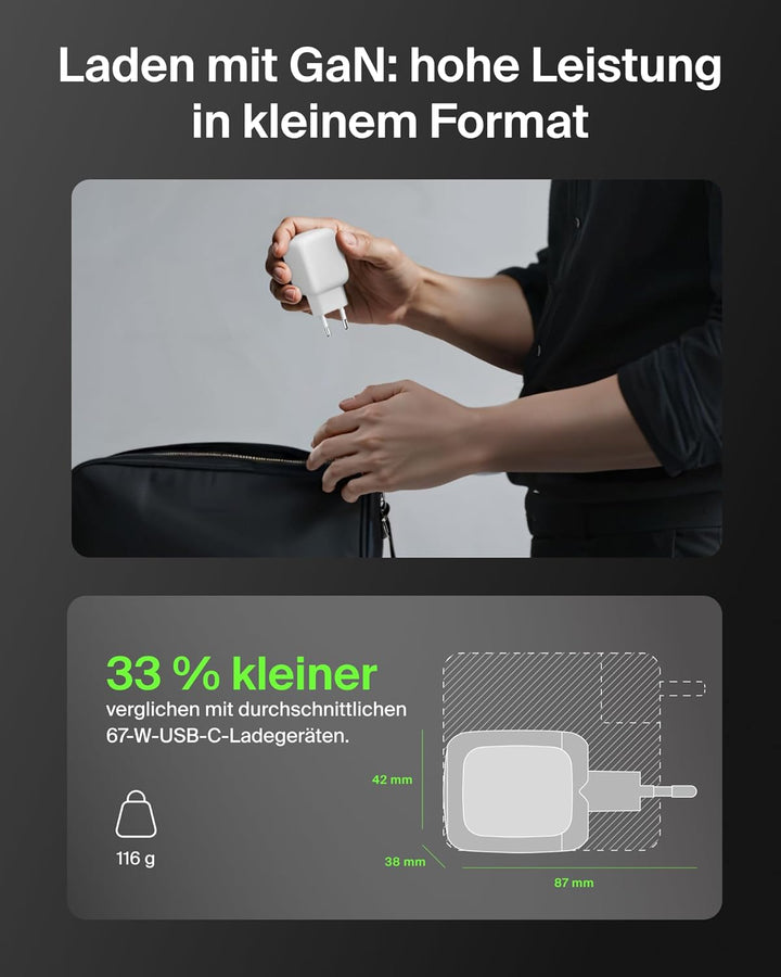 Belkin SmartProtect 2-Port USB C Ladegerät, 67W, GaN-Ladegerät, 2X USB-C, Schnellladen für Geräte wi