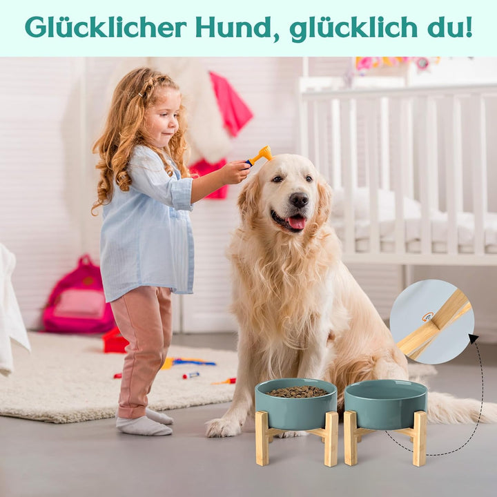SPUNKYJUNKY Hundenapf Keramik Erhöhter Futternapf Set mit Bambus Ständer für Katzen und Hunde (1800m