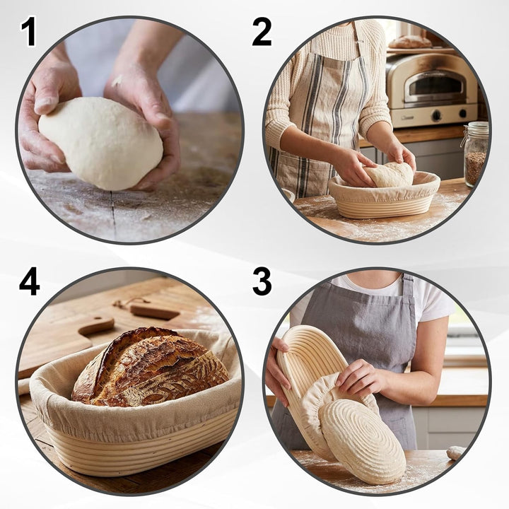Ovales Gärkörbchen-Set (25x15x8 cm) mit Leinenhaube – Handgeflochtener Rattan-Gärkorb für Brotteig b
