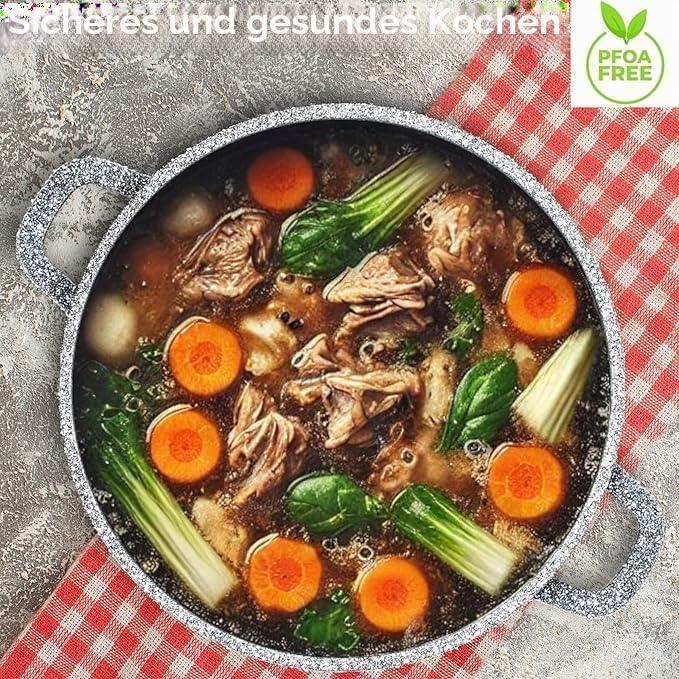 EliteHoff Kochtopf, Suppentopf aus Aluminiumguss mit Antihaftbeschichtung, Induktionstopf mit Glasde