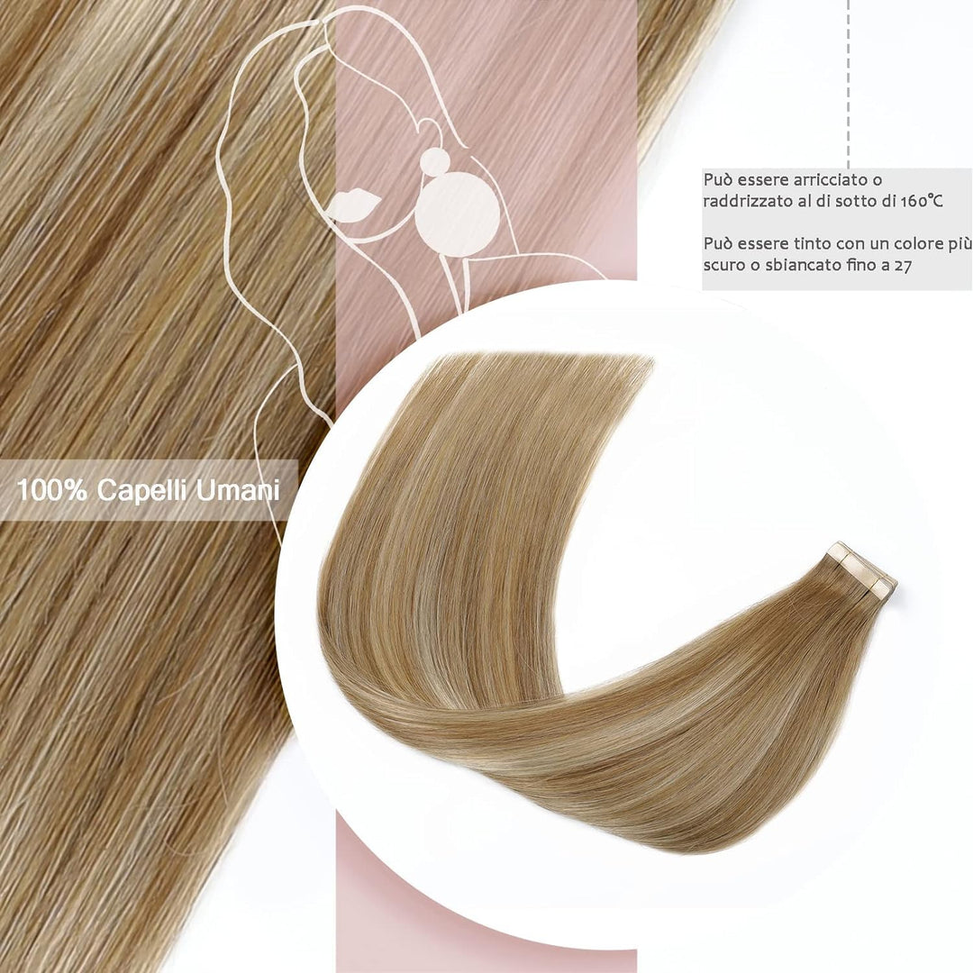 HotLulana Tape Extensions Echthaar Balayage Hellbraun mit Goldblond(#10/10/22) Tape in Extensions Ec