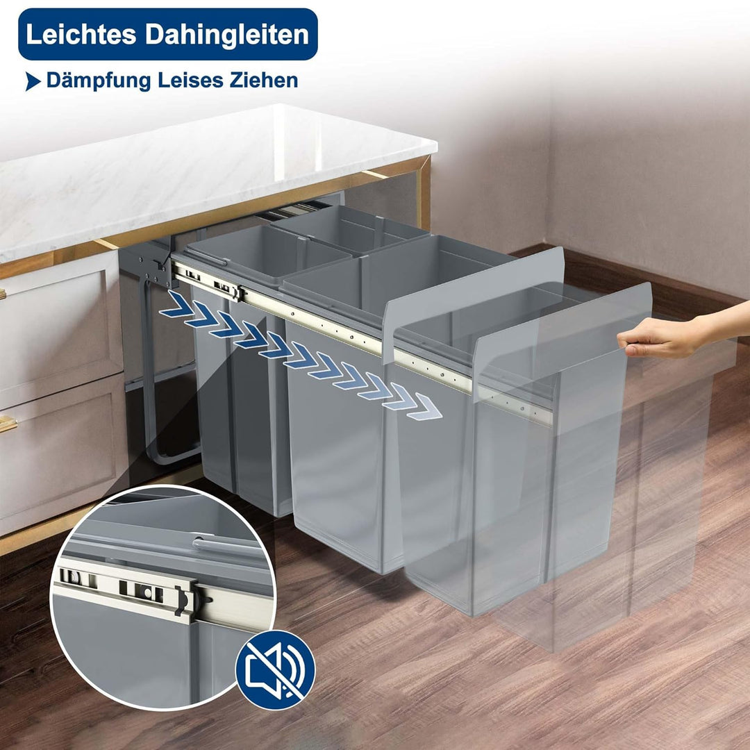 VA-Cerulean 3 Fächer Einbaumülleimer System 2x10+20 Liter, Abfallsammler Ausziehbarer Mülleimer mit