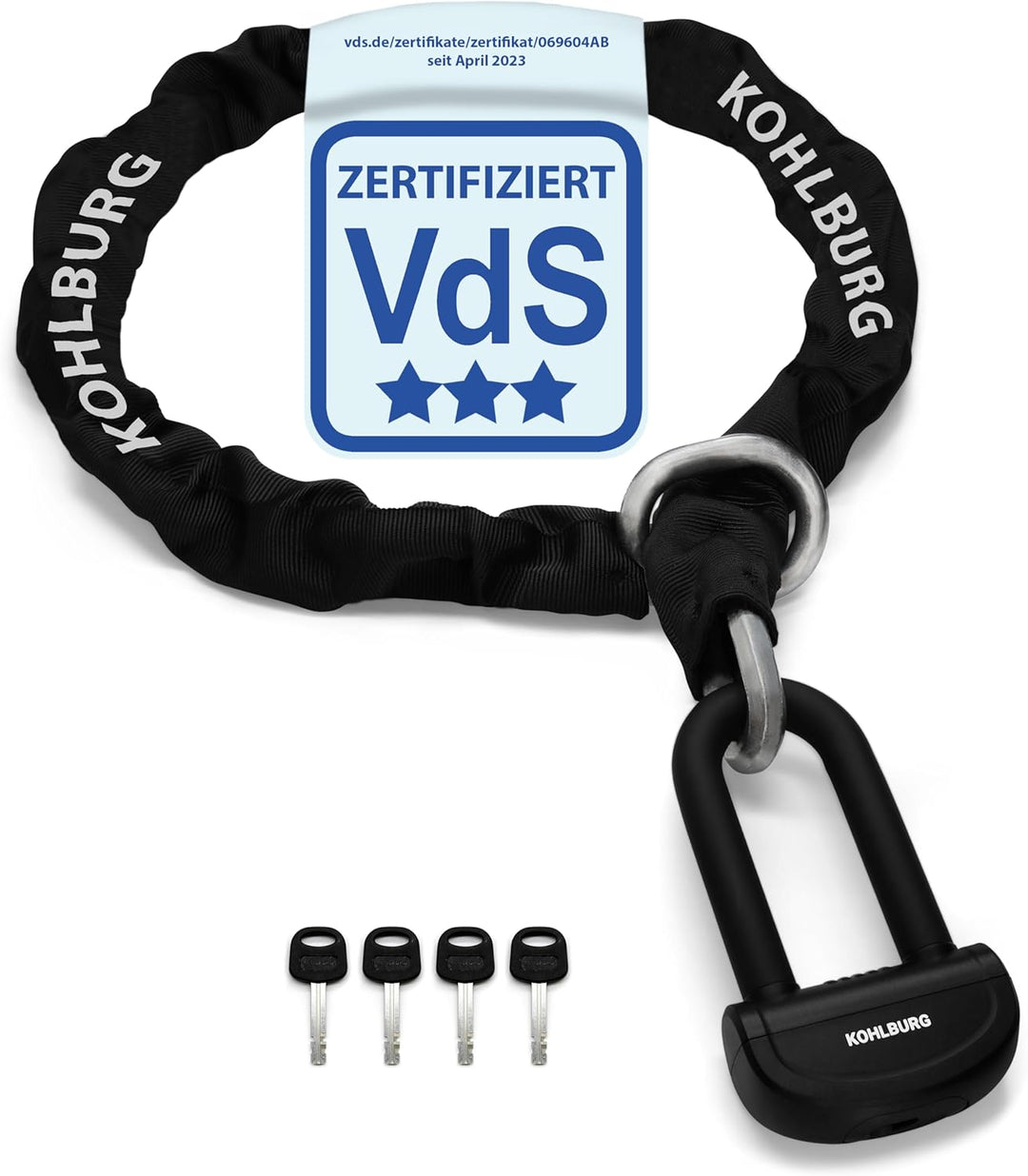 KOHLBURG 6kg massives 150cm VdS Sicherheits- Motorradschloss Typ Alcatraz, 13mm Spezialstahl-Kette,