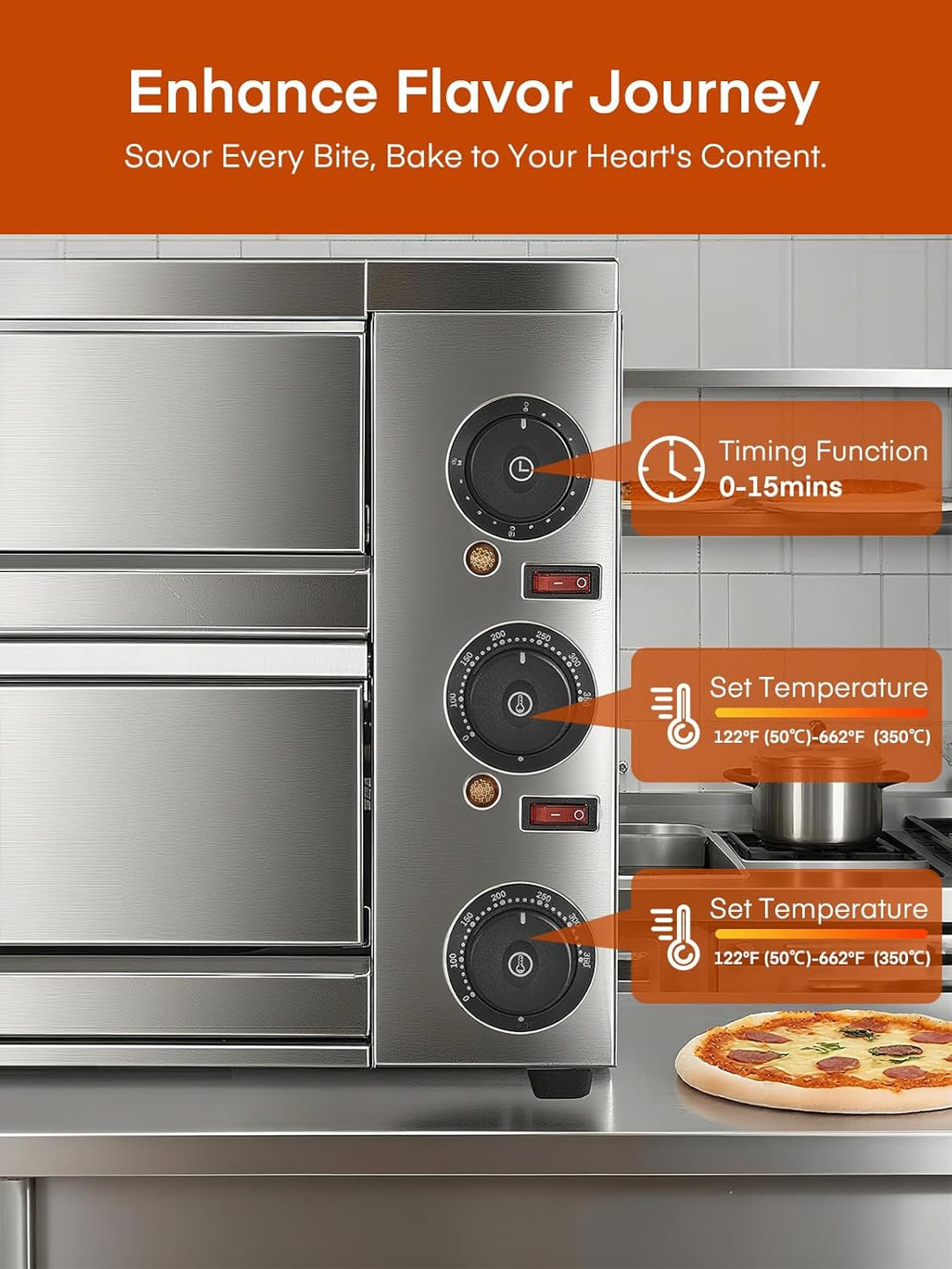 Professional Doppel Pizzaofen 3000W, 12 Zoll Kommerzieller Pizzabackofen Elektrisch Edelstahl mit 15