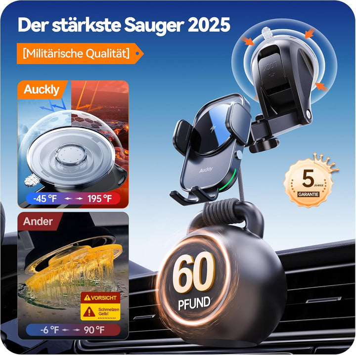 Auckly Handyhalterung Auto mit Ladefunktion, 【60W PD+QC+Sauger+Clip】 Qi 15W Fast Wireless Charger Au